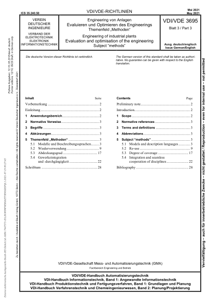 vdi/vde 3695 blatt 3-2021engineering of industrial plants - evaluation and optimisation of the engineering - subject 