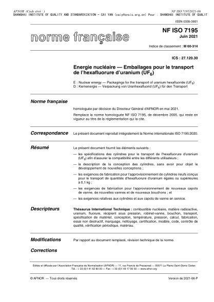 nf m60-314-2021nuclear energy - packagings for the transport of uranium hexafluoride (uf6)