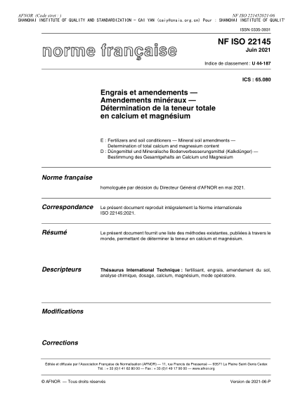 nf iso 22145-2021fertilizers and soil conditioners - mineral soil amendments - determination of total calcium and magnesium content