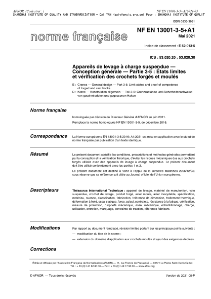 nf e52-013-5-2021cranes - general design - part 3-5 : limit states and proof of competence of forged and cast hooks