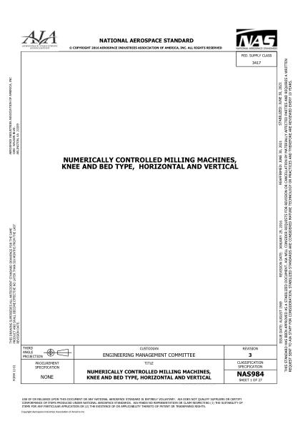 aia/nas nas984-2021numerically controlled milling machines, knee and bed type, horizontal and vertical - rev 3