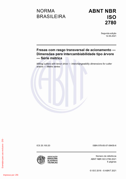 abnt nbr iso 2780-2021milling cutters with tenon drive - interchangeability dimensions for cutter arbors - metric series