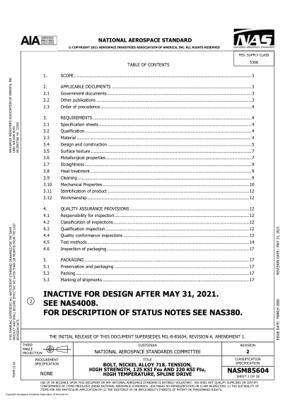 aia/nas nasm85604-2021bolt, nickel alloy 718, tension, high strength, 125 ksi fsu and 220 ksi ftu, high temperature, spline drive (rev 2)