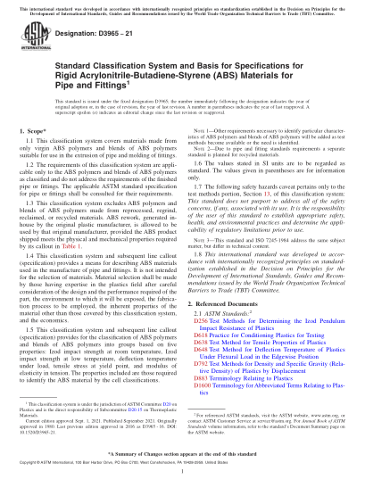 astm d3965-2021standard classification system and basis for specifications for rigid acrylonitrile-butadiene-styrene (abs) materials for pipe and fittings