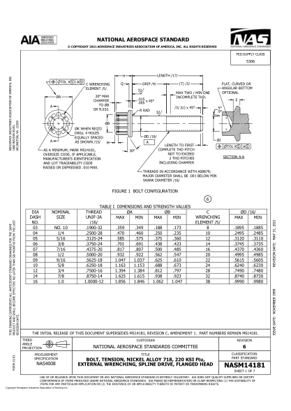 aia/nas nasm14181-2021bolt, tension, nickel alloy 718, 220 ksi ftu, external wrenching, spline drive, flanged head (rev 6)