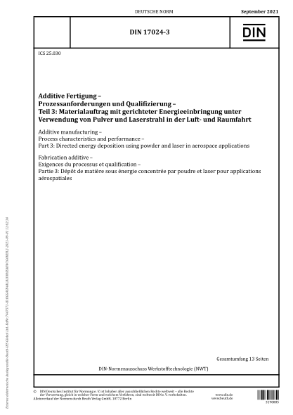 din 17024-3-2021additive manufacturing - process characteristics and performance - part 3: directed energy deposition using powder and laser in aerospace applications