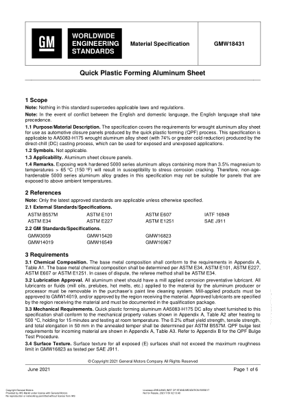 gmw 18431-2021quick plastic forming aluminum sheet (issue 1; english)