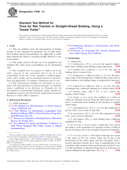 astm f408-2021standard test method for tires for wet traction in straight-ahead braking, using a towed trailer