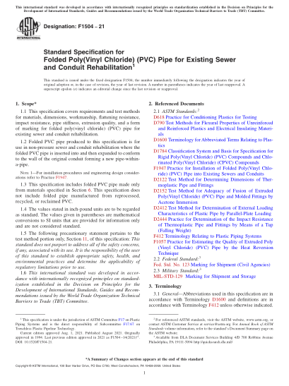 astm f1504-2021standard specification for folded poly(vinyl chloride) (pvc) pipe for existing sewer and conduit rehabilitation