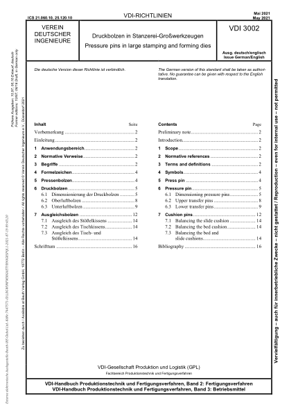 vdi 3002-2021pressure pins in large stamping and forming dies