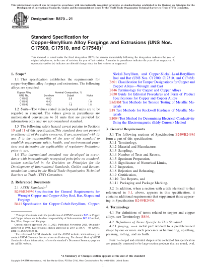 astm b870-2021standard specification for copper-beryllium alloy forgings and extrusions (uns nos. c17500, c17510, and c17540)