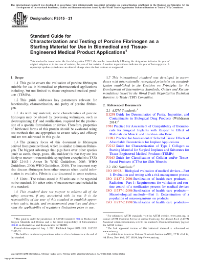 astm f3515-2021用于生物医学和组织工程医疗产品应用的猪纤维蛋白原作为原材料的鉴定和检测的标准指南standard guide for characterization and testing of porcine fibrinogen as a starting material for use in biomedical and tissue-engineered medical product applications