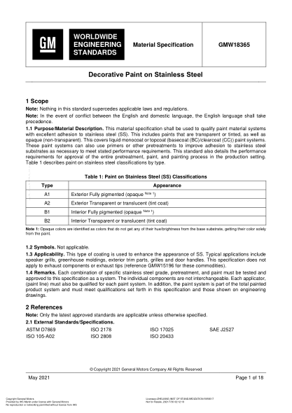 gmw 18365-2021decorative paint on stainless steel (issue 1; english; see also gmw cg6346)