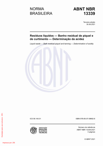 abnt nbr 13339-2021liquid waste - bath residual piquel and tanning - determination of acidity