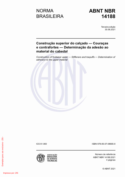 abnt nbr 14188-2021construction of footwear upper - stiffeners and toepuffs - determination of adhesion to the upper material