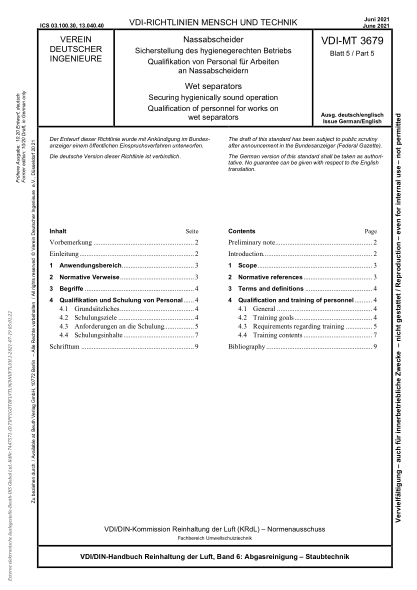 vdi-mt 3679 blatt 5-2021wet separators - securing hygienically sound operation - qualification of personnel for works on wet separators
