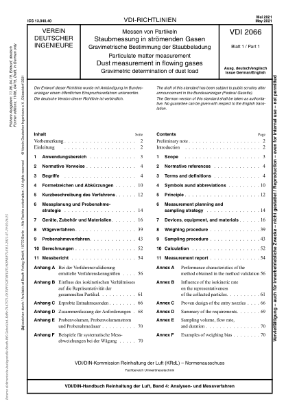 vdi 2066 blatt 1-2021particulate matter measurement - dust measurement in flowing gases - gravimetric determination of dust load