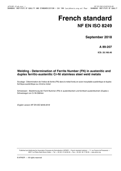 nf a89-207-2018  welding - determination of ferrite number (fn) in austenitic and duplex ferritic-austenitic cr-ni stainless steel weld metals