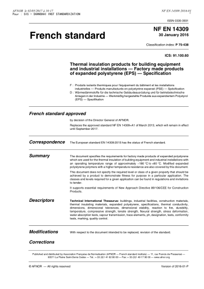 nf p75-438-2016   thermal insulation products for building equipment and industrial installations - factory made products of expanded polystyrene (eps) - specification